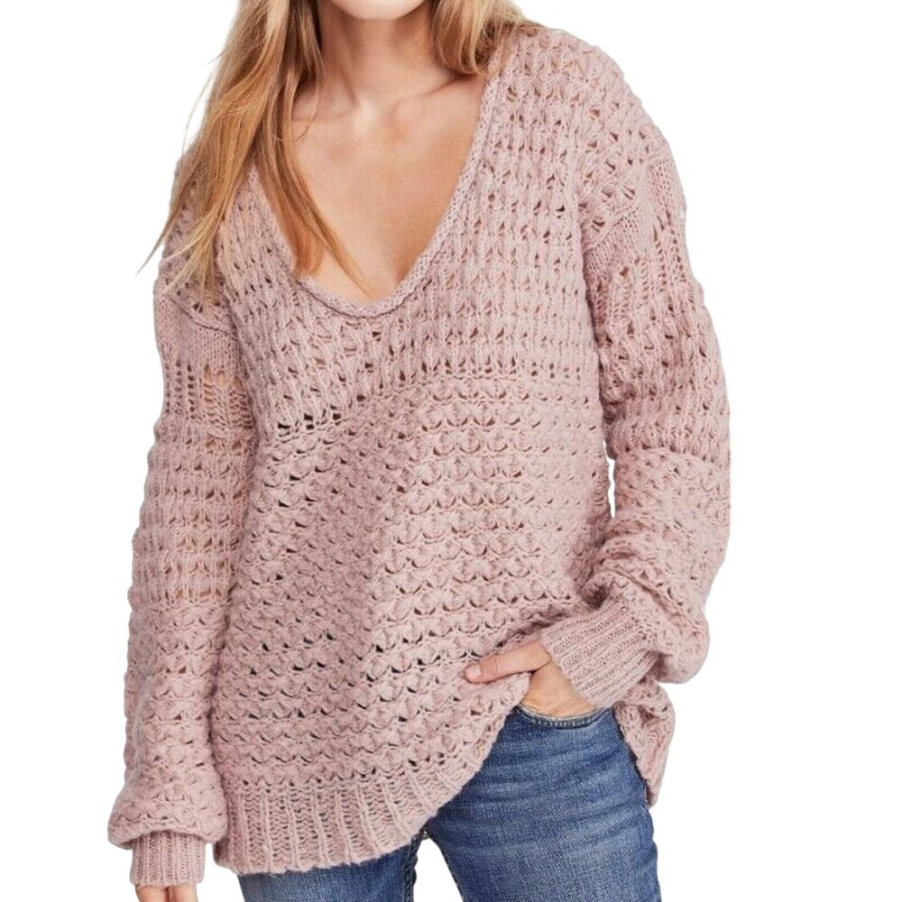FREE‎ PEOPLE Women's Small Crashing Waves Pullover Sweater Wool Dusty Rose Mauve